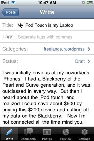 WordPress app editor on an iPod touch