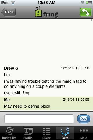 Fring chat conversation on an iPod touch