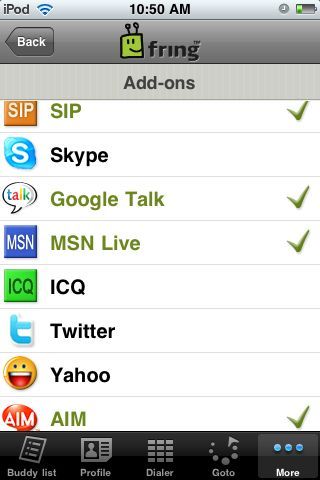 Fring Accounts Fring connected accounts screen