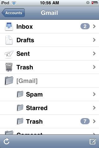 iPod touch Mail app inbox screen