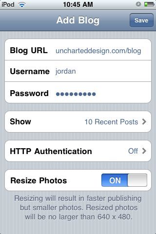WordPress app post list on an iPod touch