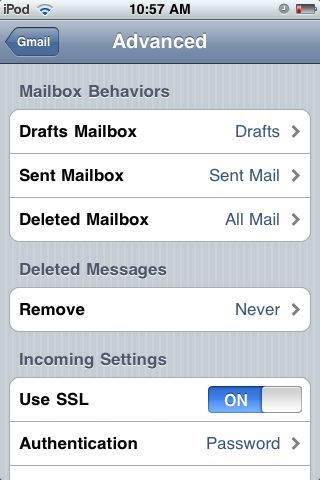 Gmail ipod Settings iPod touch Gmail settings screen
