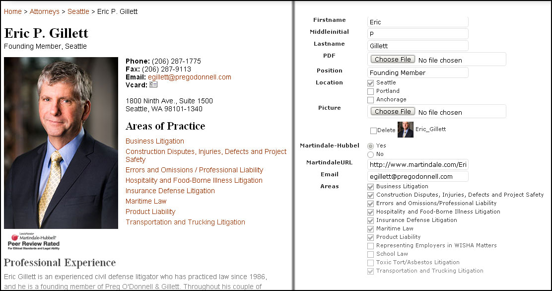 Attorney profile page from the Preg O'Donnell & Gillett project